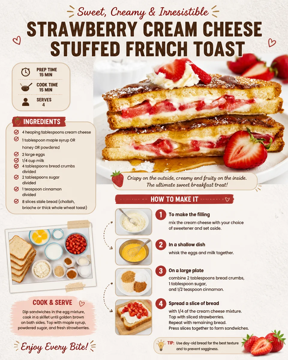 Delicious Strawberry Cream Cheese Stuffed French Toast topped with fresh strawberries