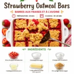 Homemade strawberry oatmeal bars on a plate, topped with fresh strawberries.