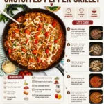Unstuffed pepper skillet with colorful bell peppers and savory ingredients.
