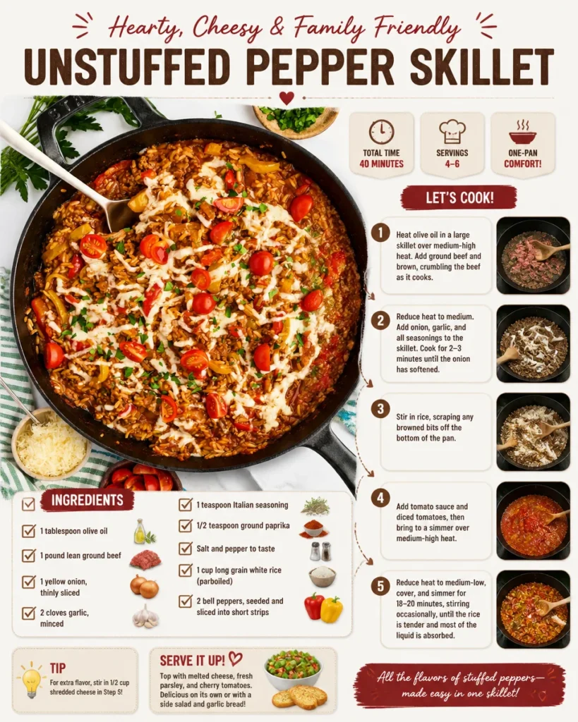 Unstuffed pepper skillet with colorful bell peppers and savory ingredients.