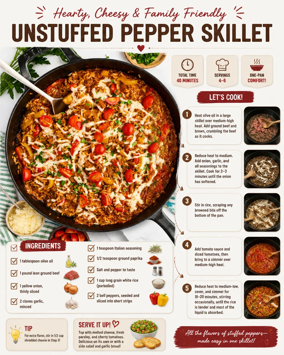 Unstuffed pepper skillet with colorful bell peppers and savory ingredients.